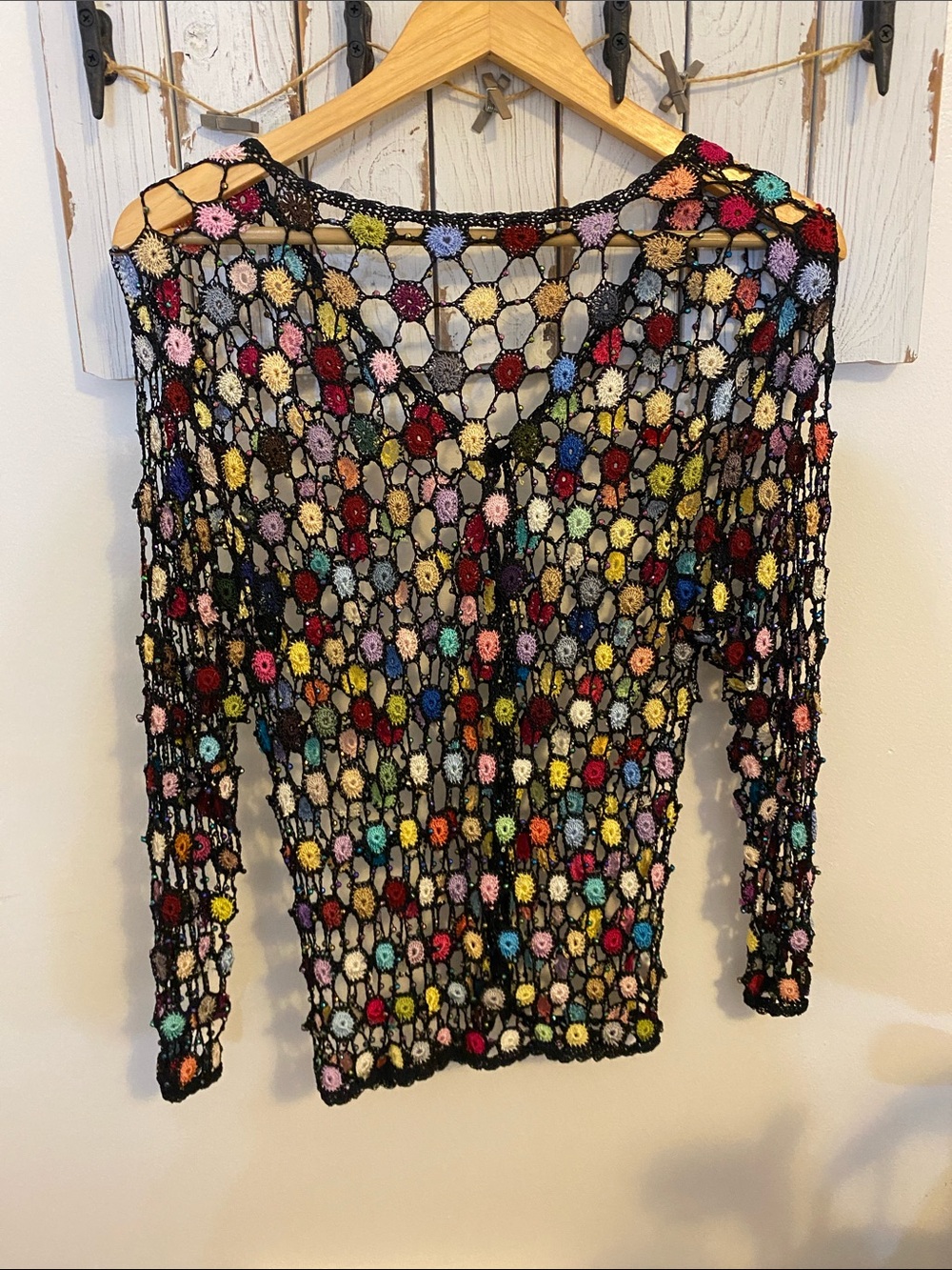 Handmade cardigan open Crochet Floral Top with Multicolor Accents - Picture 3 of 5